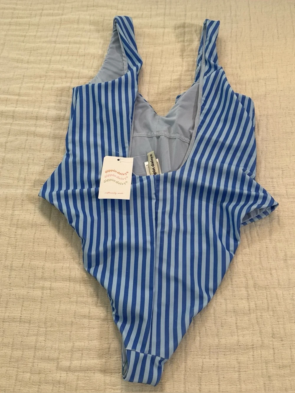 Dippin Daisys Blue Stripe One Piece Swimsuit Margo Belted V Neck NWT Coastal L